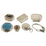 FOUR MINIATURE SILVER BOXES, INCLUDING A BOOK SHAPED EXAMPLE, A SILVER AND BLUE GUILLOCHE ENAMEL