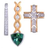 A DIAMOND AND GREEN TOURMALINE SET PENDANT IN 18CT GOLD, 5.9G, A DIAMOND SET CROSS PENDANT IN 14CT