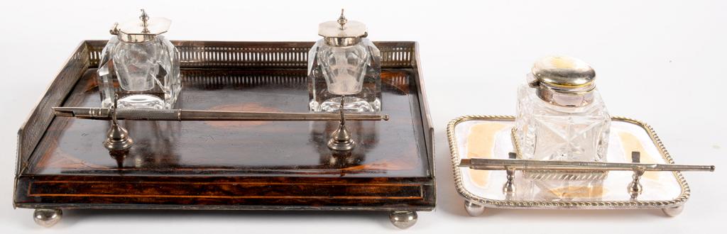 A VICTORIAN SILVER MOUNTED INLAID MARBLE WOOD INKSTAND WITH PAIR OF SILVER MOUNTED CUT GLASS