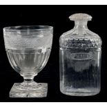 A VICTORIAN CUT GLASS GOBLET SHAPED VASE ON SQUARE FOOT, 14CM H, AND A REGENCY CUT GLASS SPIRIT