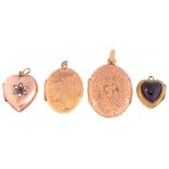 A RUBY AND SPLIT PEARL SET 9CT GOLD LOCKET, A 9CT GOLD LOCKET AND TWO OTHER LOCKETS IN GOLD,