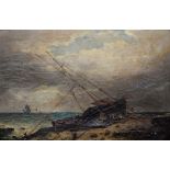 ENGLISH SCHOOL, COASTAL SCENE WITH FISHERMEN CAREENING A BOAT, INDISTINCTLY SIGNED, OIL ON CANVAS,