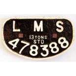 RAILWAYANA. A CAST IRON WAGON PLATE LMS 13 TONS STD 478388, 28CM W, EARLY 20TH C