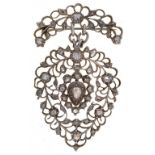 A GEORGIAN DIAMOND AND SILVER HEART SHAPED PENDANT BROOCH, UNMARKED, 60MM, 15.2G ++SLIGHT