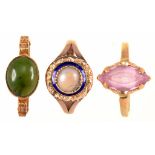 A GEM SET 9CT GOLD RING, 3.1G, AND TWO GEM SET RINGS IN GOLD, MARKED 10K, 5.1G, SIZES M, N, O ++Pink