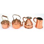 TWO VICTORIAN COPPER KETTLES, A HAY STACK MEASURE AND ANOTHER JUG, VARIOUS SIZES, ALL 19TH C