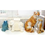 TWO EARTHENWARE MODELS OF LEOPARDS, 47CM AND 70CM H, A GLAZED STONEWARE CAT ORNAMENT AND A