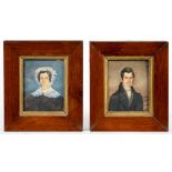 19TH C SCHOOL, PORTRAIT MINIATURES OF A LADY AND GENTLEMAN, A PAIR, OIL ON BOARD WITH DATE ON THE