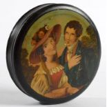 AN EARLY 19TH C PAPIER MACHE SNUFF BOX AND COVER, THE COVER PRINTED AND PAINTED WITH LOVERS, 9.5CM