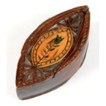 TREEN. A 19TH C CHIP CARVED NAVETTE SHAPED FRUITWOOD SNUFF BOX AND COVER, THE SLIDING COVER WITH