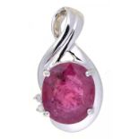 A RUBY AND DIAMOND PENDANT IN WHITE GOLD, UNMARKED, 22 X 12MM, 4.95G++GOOD CONDITION