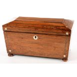 AN EARLY VICTORIAN ROSEWOOD, BRASS LINE AND MOTHER OF PEARL INLAID TEA CADDY OF SARCOPHAGUS SHAPE,