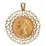 GOLD COIN. SOVEREIGN 1871S mounted in a 9ct gold pendant, 36mm, 11.6g++Good condition, coin with