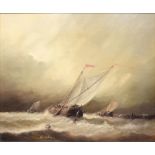 FRANS VAN DER HEYDEN, SHIPPING IN A STORM, SIGNED, OIL ON BOARD, 50 X 60CM