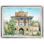 A MIDDLE EASTERN SILVER AND ENAMEL CIGARETTE CASE, POSSIBLY IRANIAN, THE UNDERSIDE PAINTED WITH