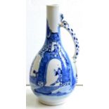 A CHINESE BLUE AND WHITE JUG OF BOTTLE SHAPE WITH CHILONG HANDLE, 26CM H, 19TH C