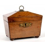 AN EARLY VICTORIAN MAHOGANY TEA CADDY OF SARCOPHAGUS SHAPE, 18.5CM W