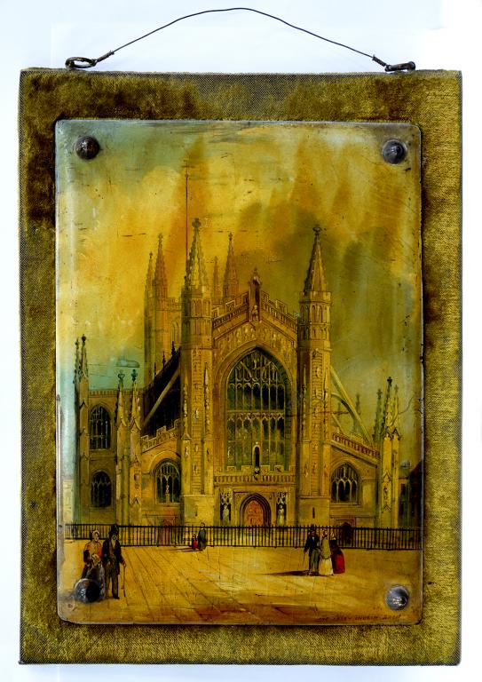 AN EARLY VICTORIAN PAPIER MACHE BLOTTING BOOK COVER, PAINTED WITH THE ABBEY CHURCH BATH, VELVET