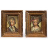 A PAIR OF DECORATIVE CONTINENTAL PAINTINGS OF A LADY AND GENTLEMAN, HEAD AND SHOULDERS IN EARLY 19TH