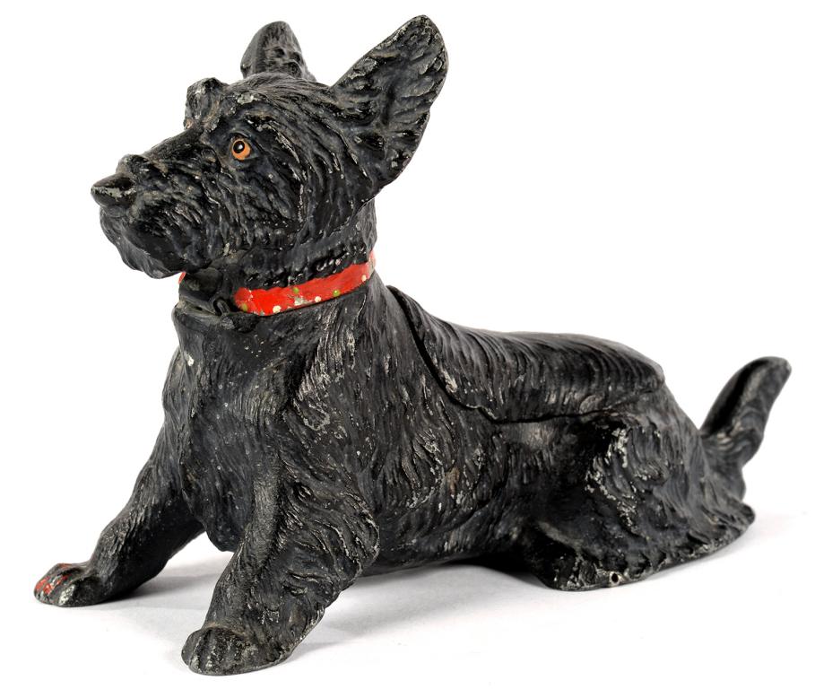 A COLD PAINTED SPELTER TERRIER NOVELTY INKWELL, THE DOG'S BACK WITH LIDDED COMPARTMENT, 10CM H