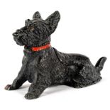 A COLD PAINTED SPELTER TERRIER NOVELTY INKWELL, THE DOG'S BACK WITH LIDDED COMPARTMENT, 10CM H