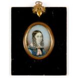 ENGLISH SCHOOL, 19TH C, PORTRAIT MINIATURE OF A YOUNG WOMAN, OVAL 5.5 X 4.5CM, PAPIER MACHE FRAME