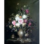20TH C SCHOOL, STILL LIFE OF FLOWERS IN A VASE, INDISTINCTLY SIGNED, OIL ON CANVAS, 74 X 59CM