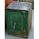 A GREEN PAINTED IRON SAFE WITH KEY, 66CM H; 49 X 45CM