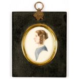 ENGLISH SCHOOL, 19TH C, PORTRAIT MINIATURE OF A YOUNG WOMAN, OVAL 6.5 X 5.5CM, PAPIER MACHE FRAME