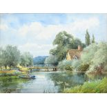 HENRY JOHN SYLVESTER STANNARD, RIVER SCENE IN SUMMER, SIGNED, WATERCOLOUR, 27 X 37CM