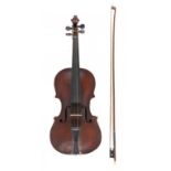 A VIOLA, 19TH C with one piece back, 39cm long and a bow (2)++Veryt dirty/dusty; old splits and