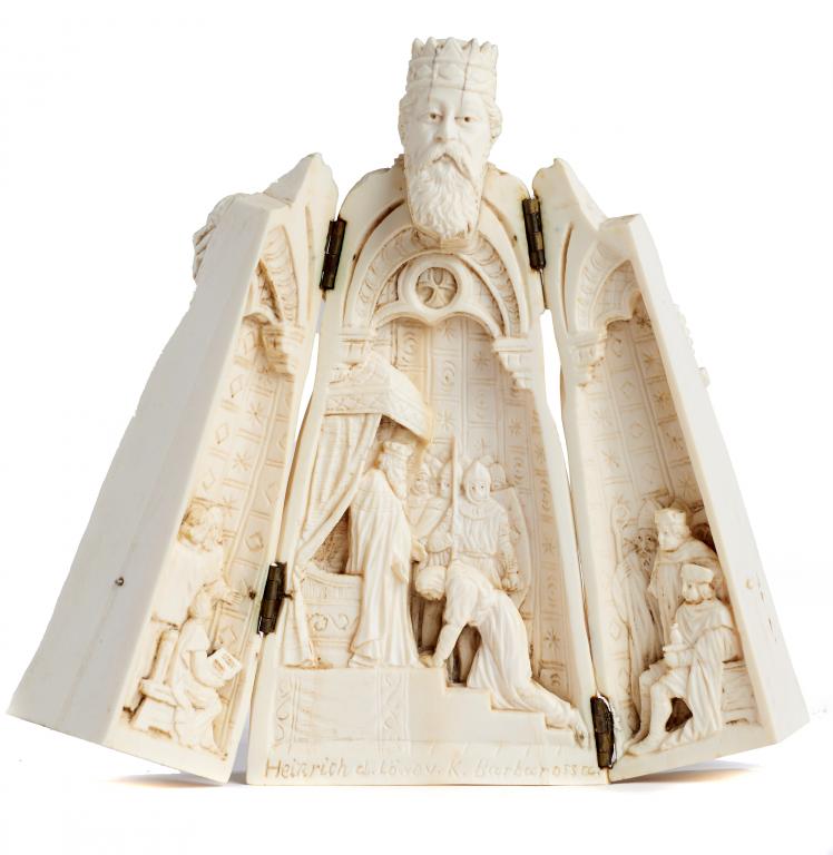 A CONTINENTAL IVORY FIGURE OF FREDERICK I (BARBAROSSA), LATE 19TH C and of vierge ouvrante type