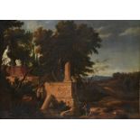 FOLLOWER OF GASPARD DUGHET LANDSCAPE WITH A FIGURE BY CLASSICAL RUINS oil on canvas, 54 x 79cm++An