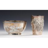 A CHINESE SILVER REPOUSSÉ DRAGON BEAKER, LATE 19TH/EARLY 20TH C 8.5cm h, by Yungshing Cheng, maker's