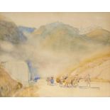 SIR ALFRED EAST, RA (1849-1913) TRAVELLERS IN A MOUNTAIN PASS inscribed verso No. 86 Mist on the