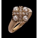 A SPLIT PEARL AND DIAMOND CRUCIFORM RING in gold, marked 18, 5g, size N++Good condition