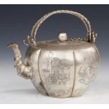 A CHINESE SILVER TEA KETTLE AND COVER, LATE 19TH/EARLY 20TH C with double bamboo shaped handle, 12cm