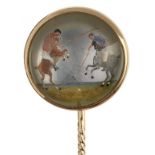 POLO. A VICTORIAN REVERSE PAINTED CRYSTAL INTAGLIO STICK PIN in gold, 87mm, reverse marked FWL,