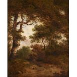 BRITISH SCHOOL, EARLY 19TH CENTURY A FIGURE SEATED ON A WOODLAND BANK oil on panel, 39 x 31cm++