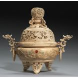 A CHINESE CARVED AND JEWELLED IVORY TRIPOD CENSER AND COVER, C1900 with dragon handles, and loose