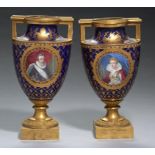 A PAIR OF FRENCH ORMOLU MOUNTED SÈVRES STYLE VASES, C1900 painted with portraits of Henry IV and