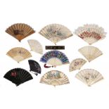 A CANTON EXPORT IVORY FAN, C1840 the leaf brightly painted to both sides with various scenes, the