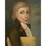 FRENCH SCHOOL, LATE 18TH CENTURY PORTRAIT OF A YOUNG ARTIST bust length, a portfolio under his right