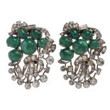 A PAIR OF CABOCHON EMERALD AND DIAMOND CLIPS, C MID 20TH C in white gold, 50 x 35mm, unmarked, 40.