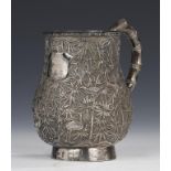 A CHINESE SILVER REPOUSSÉ BALUSTER MUG, LATE 19TH C the shield shaped cartouche engraved MARGARET