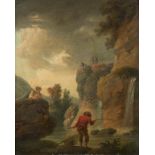 FOLLOWER OF JEAN BAPTISTE PILLEMENT A MAN FISHING WATCHED BY A GIRL BEFORE A CASCADE oil on