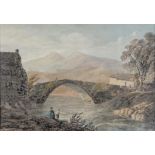 FRANCIS NICHOLSON, OWS (1753-1844) A RIVER BRIDGE IN A MOUNTAINOUS LANDSCAPE watercolour, 28.5 x