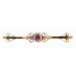 A VICTORIAN RUBY AND DIAMOND BAR BROOCH in 18ct gold, Birmingham 1897, 55mm l, 5.2g++Good condition