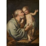 FOLLOWER OF CORREGGIO ST JOSEPH AND THE CHRIST CHILD oil on panel, 18.5 x 13cm, unframed++Varnish