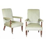 A PAIR OF VICTORIAN MAHOGANY BOBBIN TURNED OPEN ARMCHAIRS, C1850 on brass castors, 90cm h++In